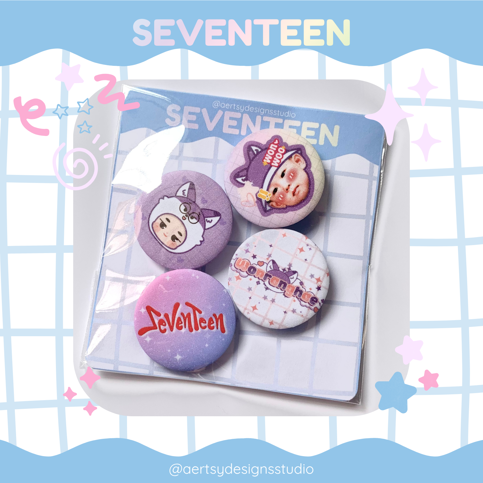 wonranghae seventeen miniteen carat button pins | glitter set | 4pcs 32mm