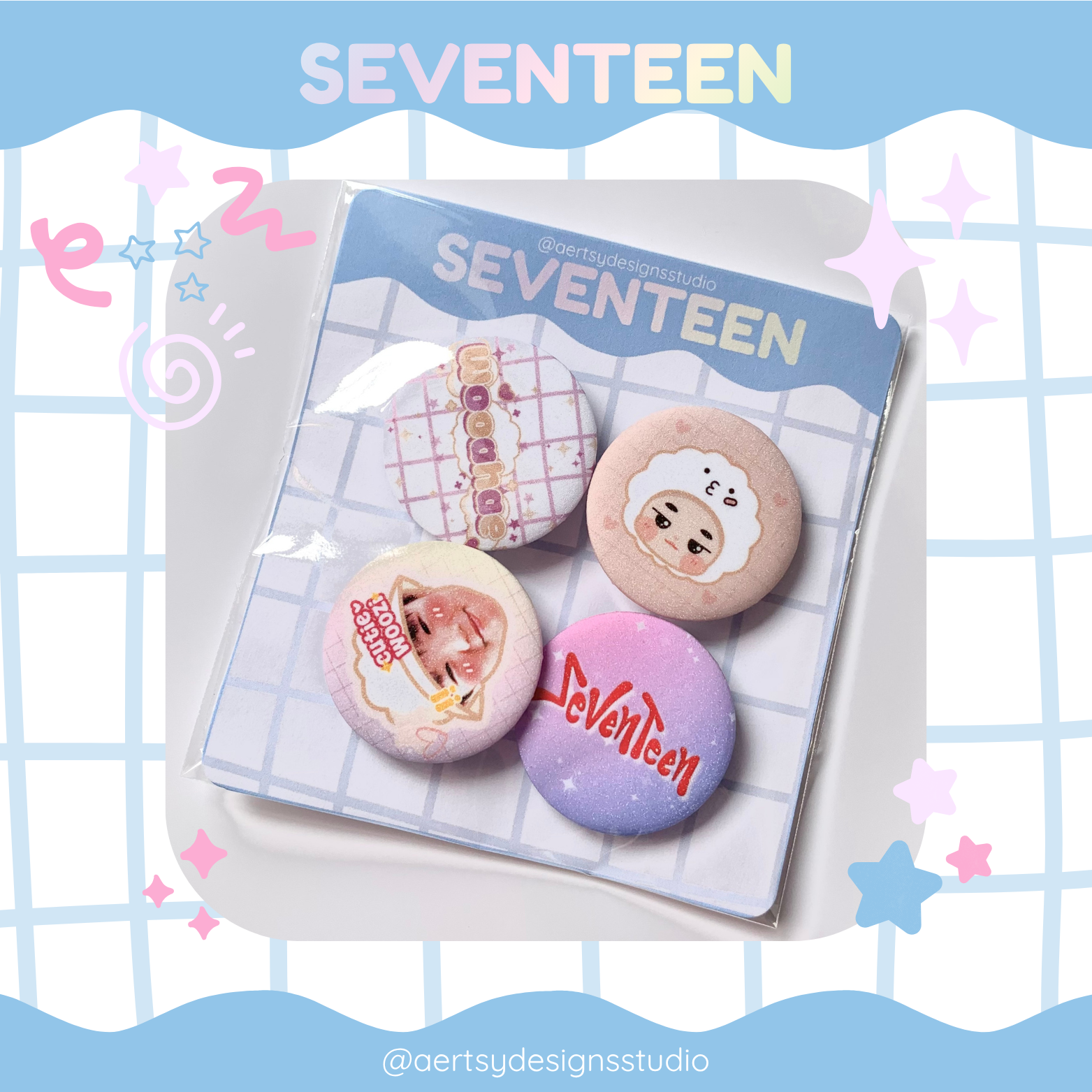 wooahae seventeen miniteen carat button pins | glitter set | 4pcs 32mm