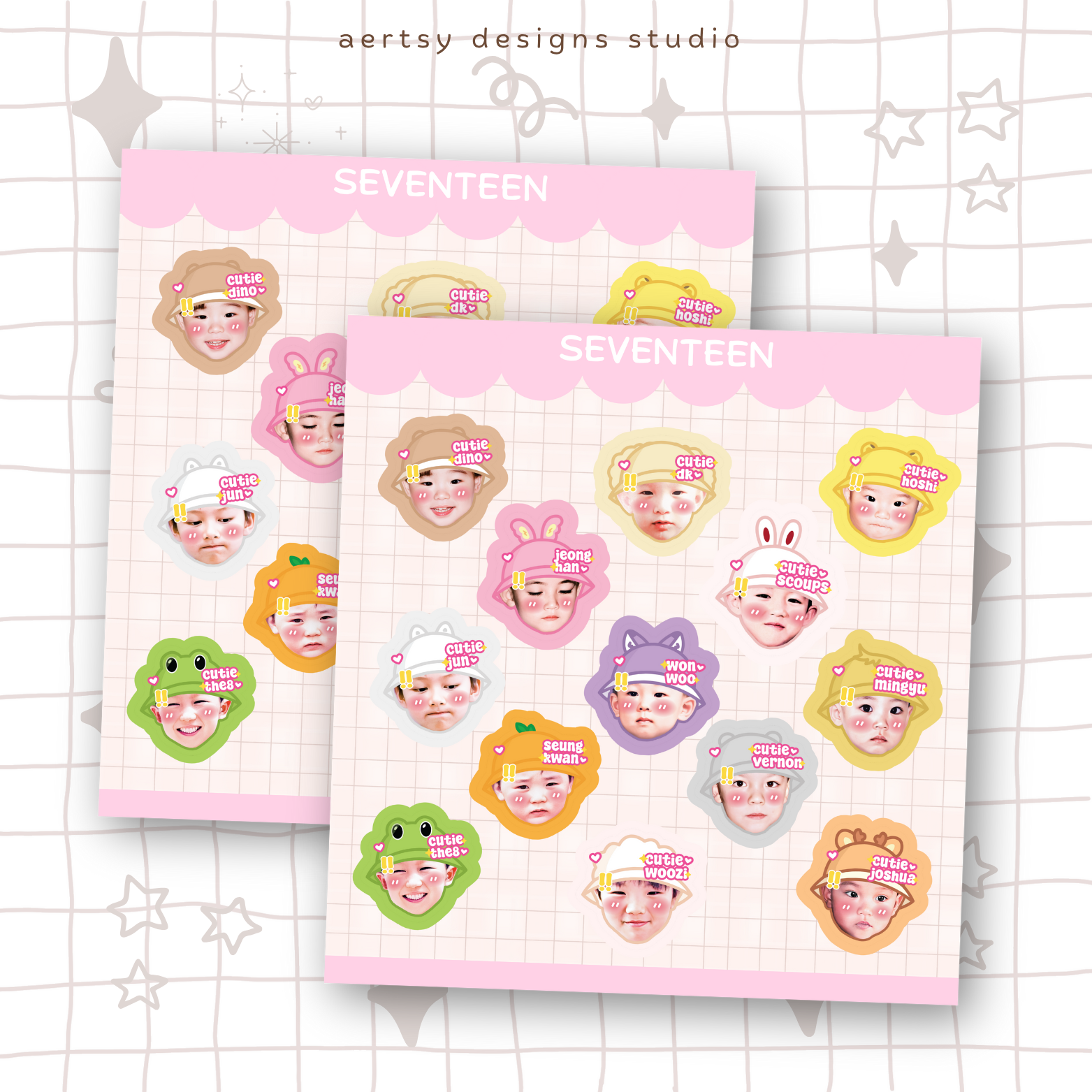 seventeen head character mini sticker sheet vinyl | holographic hearts