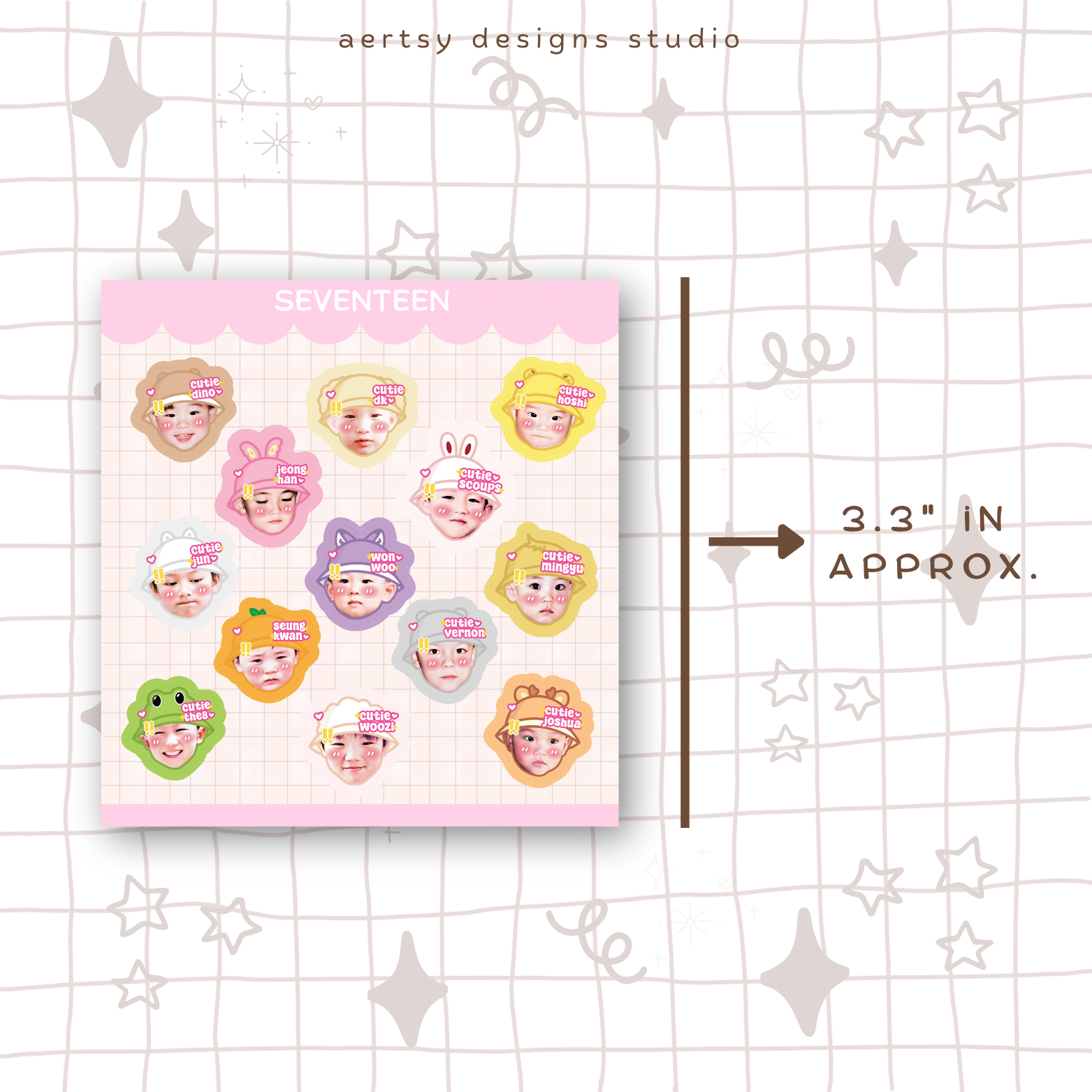 seventeen head character mini sticker sheet vinyl | holographic hearts